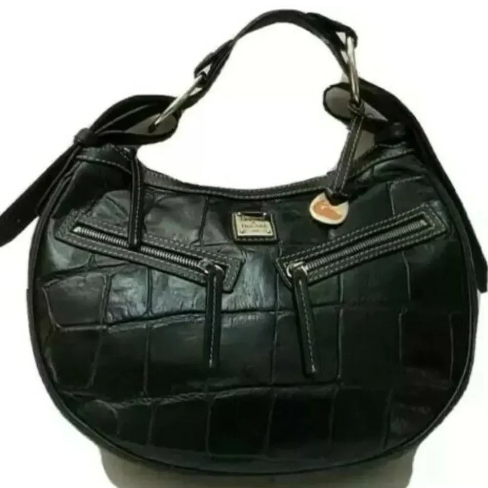 Y2K‎ Rare Dooney & Bourke Moon Round Baguette Purse Black Leather Croc Embossed